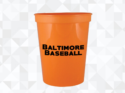 Orange, 12 oz. Plastic Stadium Cup imprinted with Baltimore Baseball logo, great for festivals, nightclubs, parties and tailgating Custom Imprinted Plastic Cup for Baltimore, Maryland