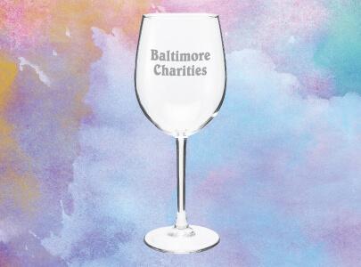 Wine Glass with Stem imprinted with Baltimore Charities logo great for special events Custom Imprinted Glassware for Baltimore, Maryland