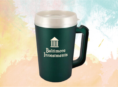 Plastic, Forest Green, Large, 32 oz. Travel Mug with Spill resistant lid imprinted with Baltimore Investments logo Custom Decorated Plastic Travel Mug for Baltimore, Maryland