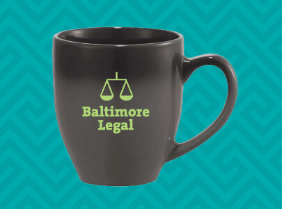 Black, Bistro Style, 12oz., Porcelain Mug screen printed with Baltimore Legal logo, great for corporate handouts Custom Screen-Printed Mug for Baltimore, Maryland