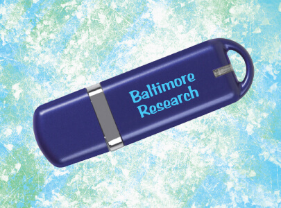 Sky Blue, USB Flash Drive, 2gb, 4gb or 8gb decorated with Baltimore Research logo for Baltimore, Maryland Custom Decorated USB Flash Drives for Baltimore, Maryland