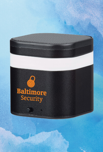Black, Portable, Bluetooth Speaker imprinted with Baltimore Security logo perfect for desktop listening for Baltimore, Maryland Custom Imprinted Bluetooth Speaker and Clock for Baltimore, Maryland