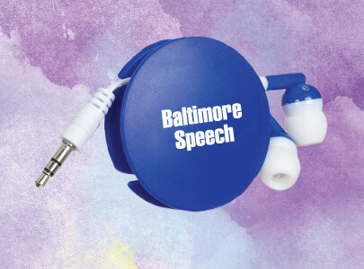 Blue, Retractable Earbuds with mini stereo jack imprinted with Baltimore Speech text Custom Imprinted Headphones and Earbuds for Baltimore, Maryland