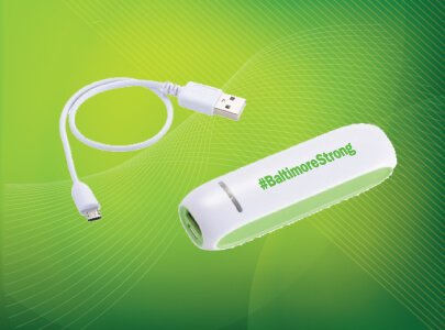 White with Green Trim, USB Power Bank imprinted with Baltimore Strong logo for Baltimore, Maryland Custom Imprinted Power Banks and Chargers for Baltimore, Maryland